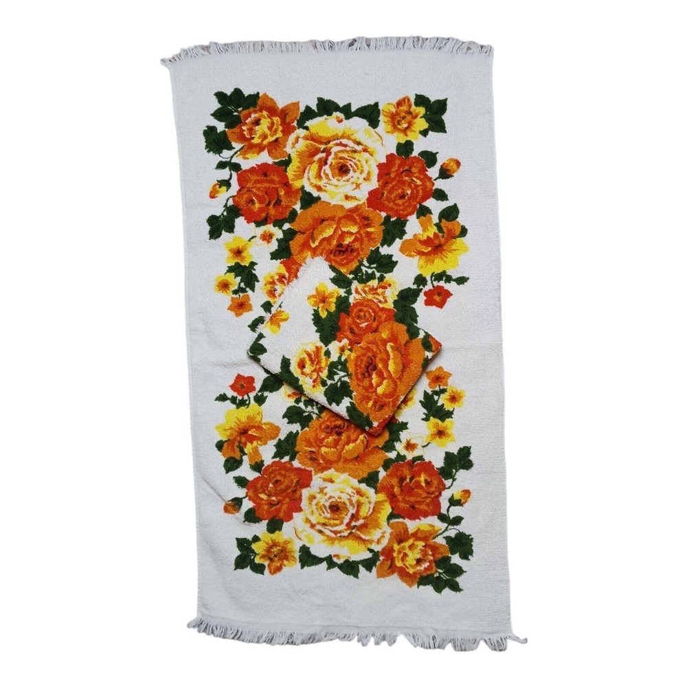 Vintage Bath Towel Set of 2 Gold Orange Brown Green Colors Flowers Retro Fringe - Picture 2 of 10